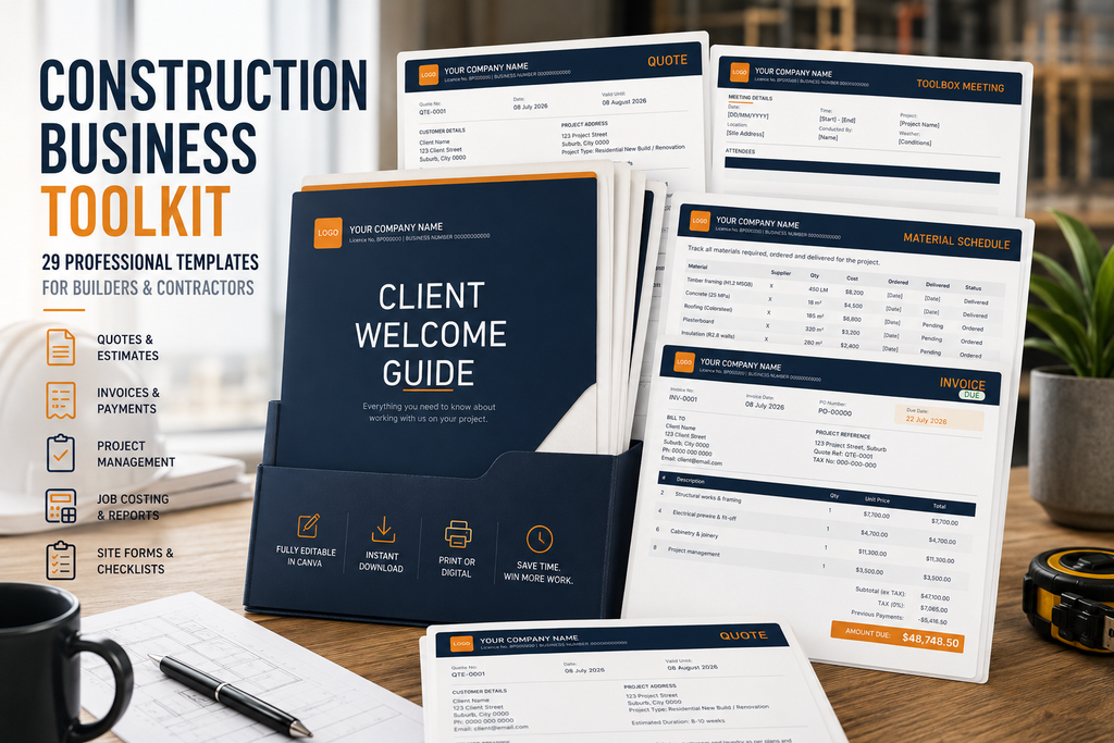 Construction Business Toolkit | 10 Canva Templates (29 Editable Pages)