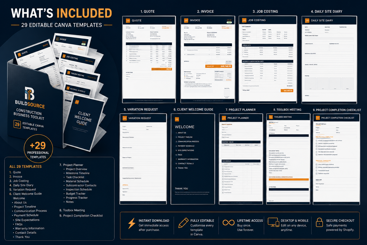 Construction Business Toolkit | 10 Canva Templates (29 Editable Pages)