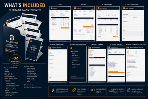 Construction Business Toolkit | 10 Canva Templates (29 Editable Pages)